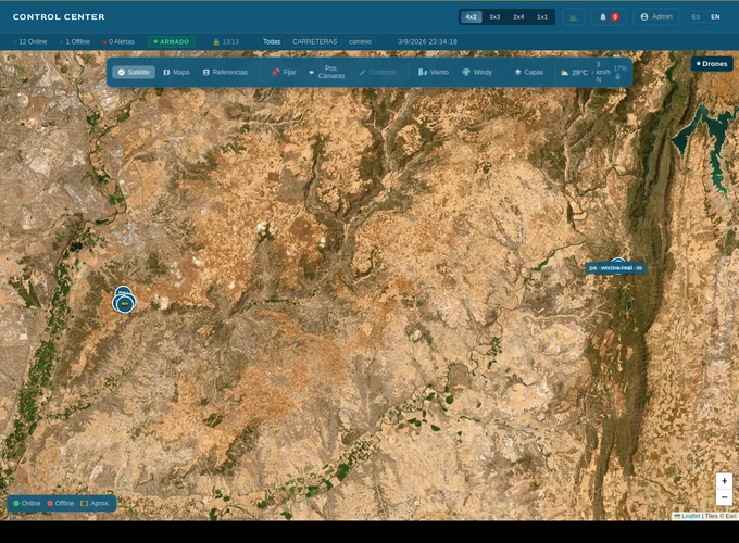 Mapa por satélite con las cámaras de una instalación y datos meteorológicos